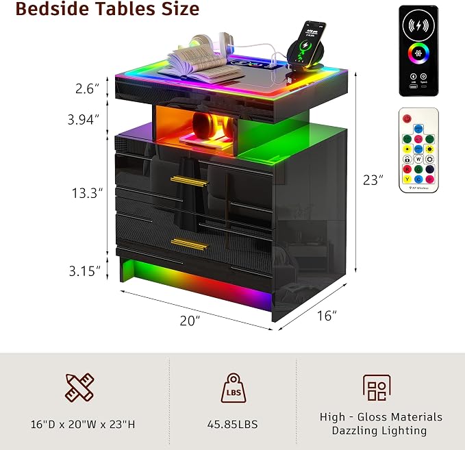 WOOVIVS Nightstand with 24 Colorful Lighst, LED Night Stand with - Image 2