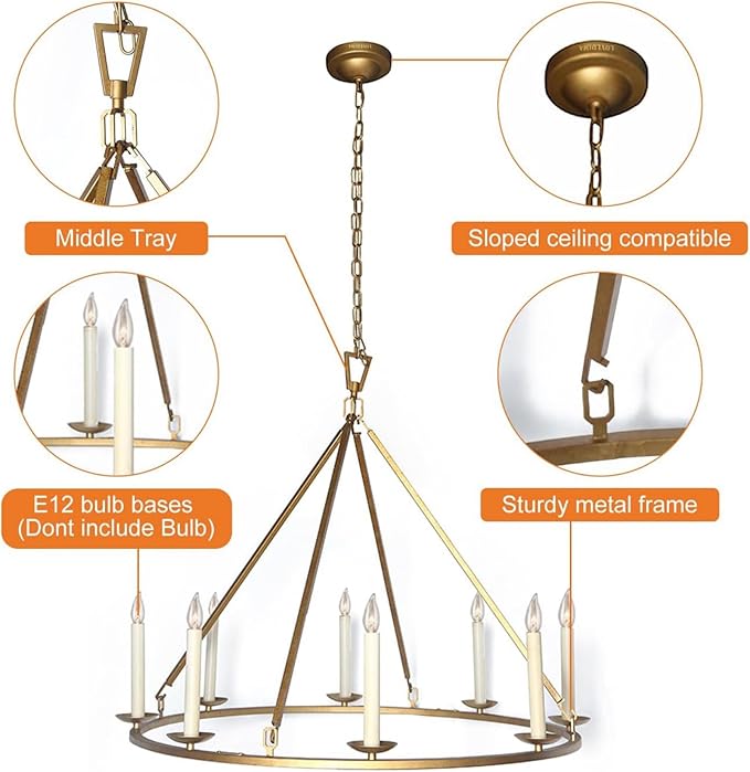 LOVEDIMA Gold Wagon Wheel Chandelier Rustic 35.4'' Candle-Shaped Metal - Image 2