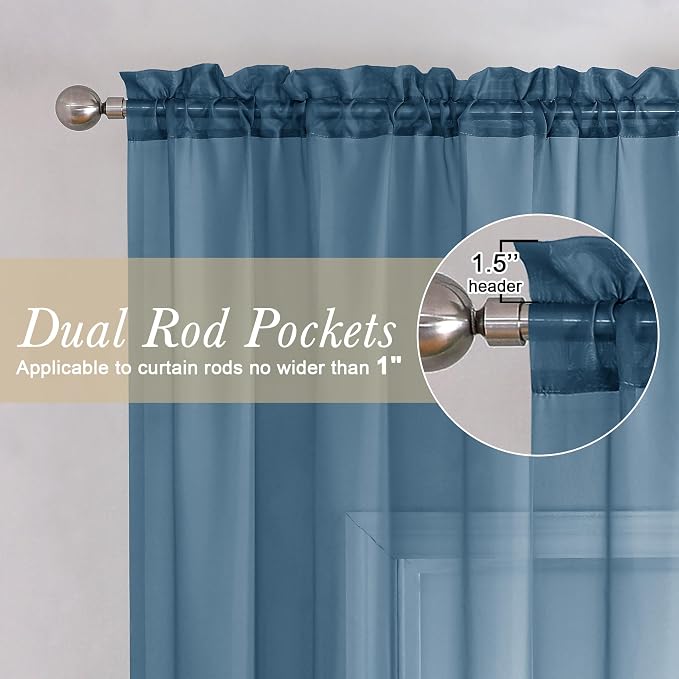 Lecloud Dusty Blue Sheer Curtains 63 Inch Length 2 Panels, Light Filtering - Image 2
