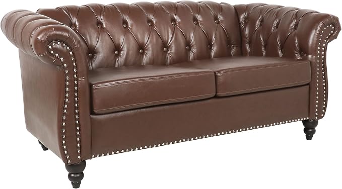 LEVNARY Leather Sofa, Chesterfield Tufted Upholstered 2 Seater Couch, Modern - Image 5