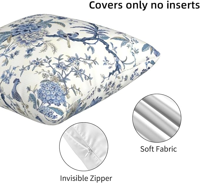 Chinoiserie Blue and White Pillow Covers 18x18 Set of 2, Bird and Flowers Throw - Image 4