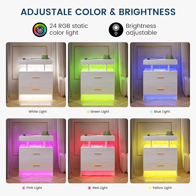 HNEBC Nightstand Set of 2 with Charging Station, Auto LED Night Stand with - Image 3