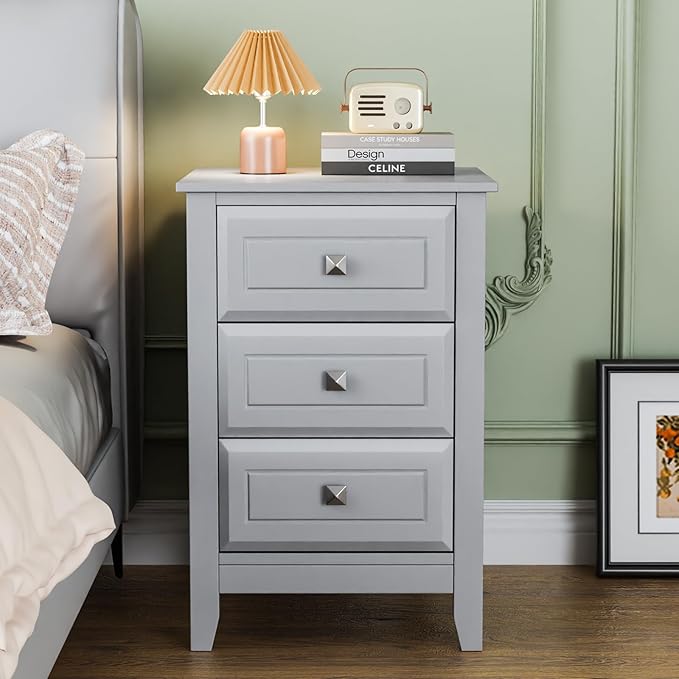 Bonnlo Gray Nightstands Set of 2, 3 Drawer Nightstand, Modern Night Stand - Image 3