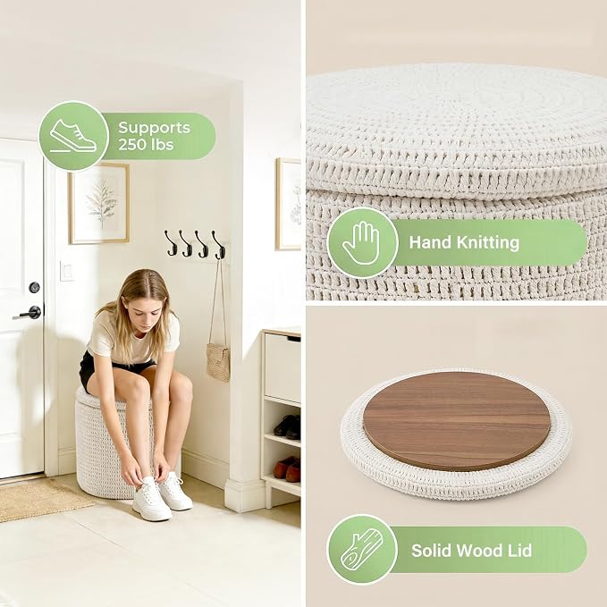 Wimarsbon Pouf Ottoman, 100% Cotton Knitted Boho Footstool, Round Footrest - Image 9