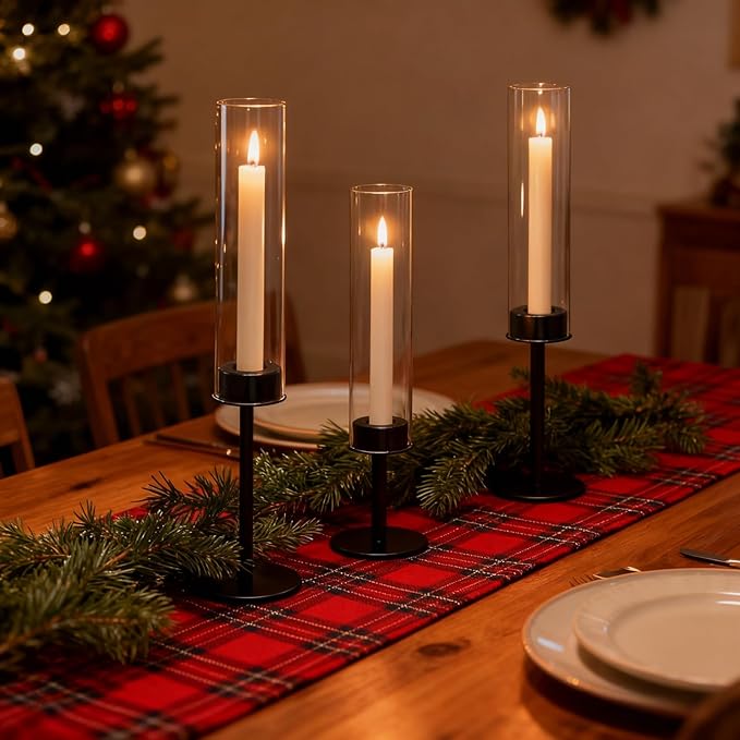 Black Hurricane Glass Candle Holders Set of 3, Tall Metal Taper Candle Stick by Batoslee