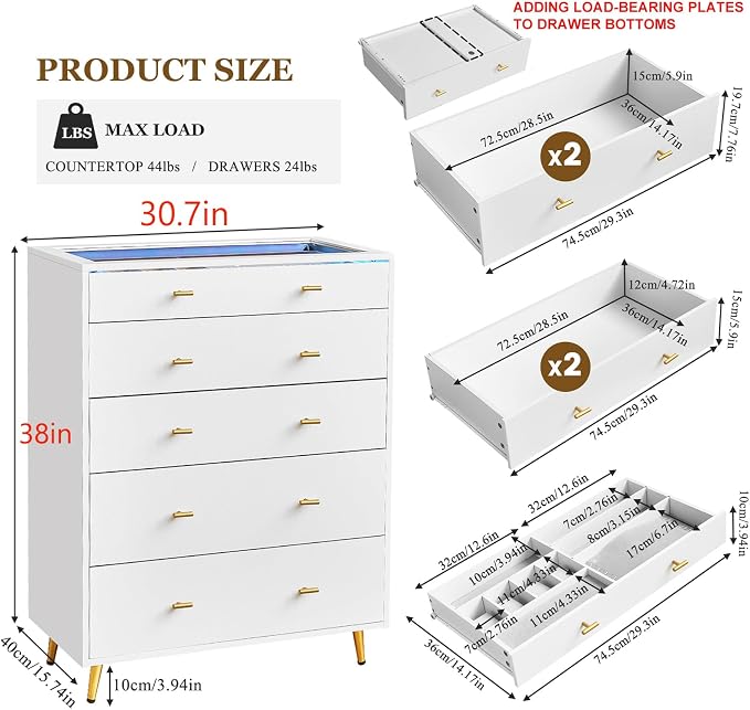 5 Drawer Dresser for Bedroom, 30.7" W x 38" H Tall Tempered Glass Top Dresser - Image 2