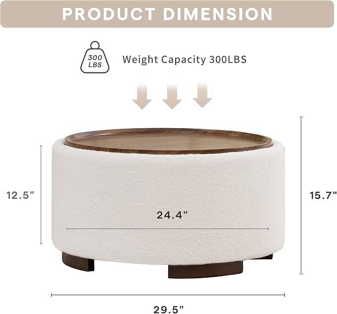 29.5 Inch Round Storage Ottoman Coffee Table, Modern Circle Coffee Table - Image 2