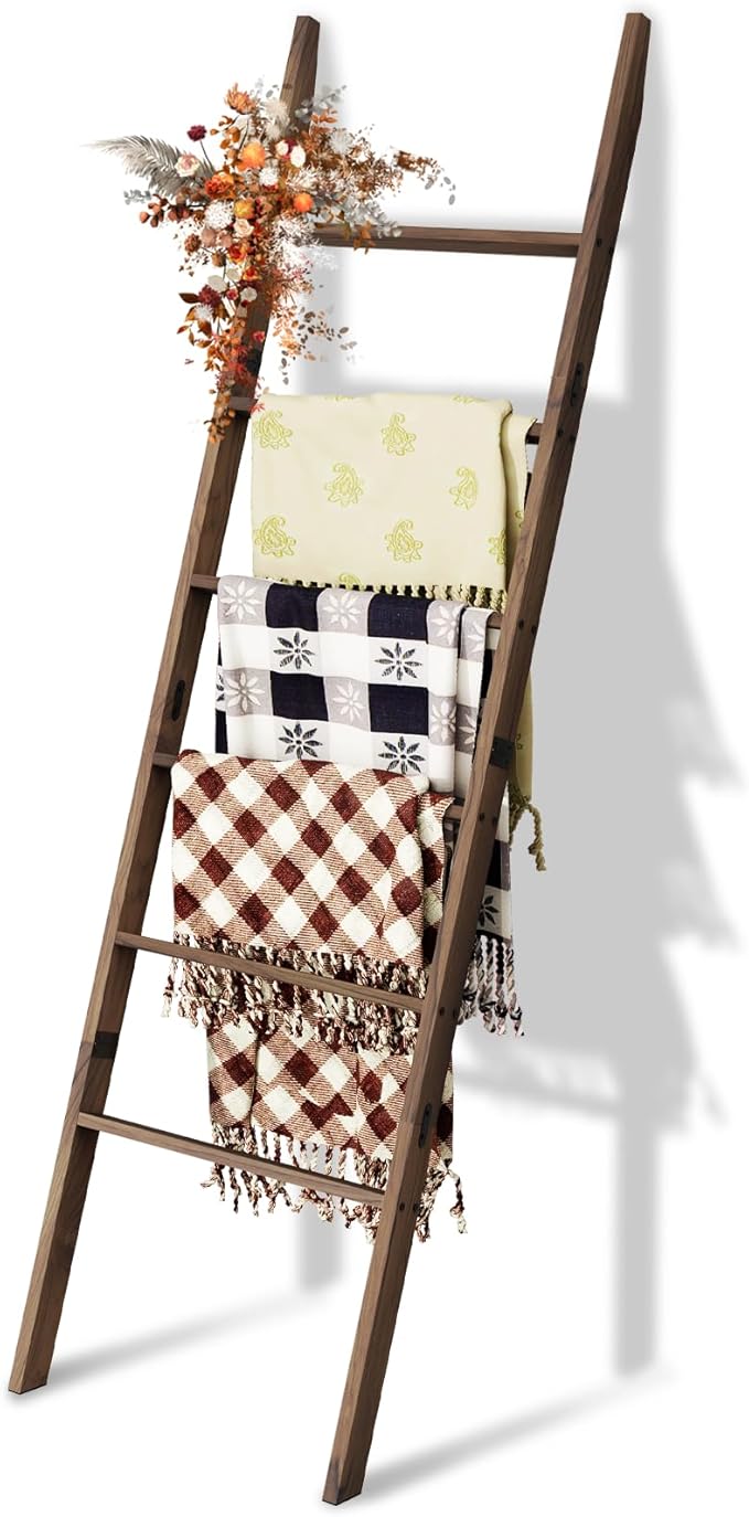 Acacia Wood 6-Tier Blanket Ladder, 5.7FT Blanket Quilt Towel Holder Rack by Delywh