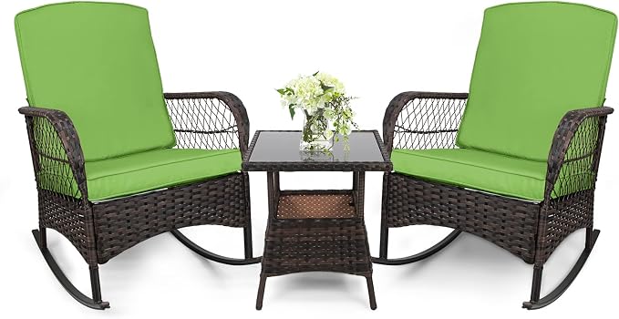 LEVELEVE 3 pcs Rocking Bistro Set Conversation Chairs PE Wicker Outdoor Rocking by Enjoyyourlife