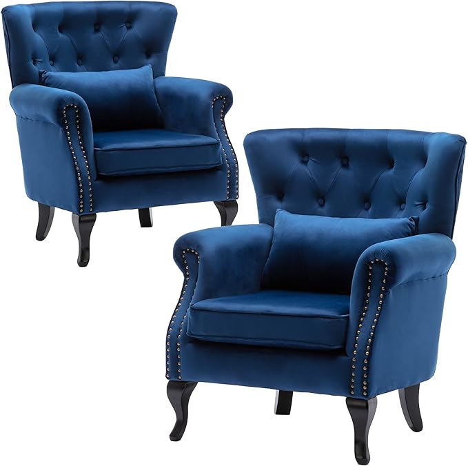 Set of 2 Mid-Century Modern Accent Chair, Velvet Armchair w/Tufted Back/Wood by DMFurniture