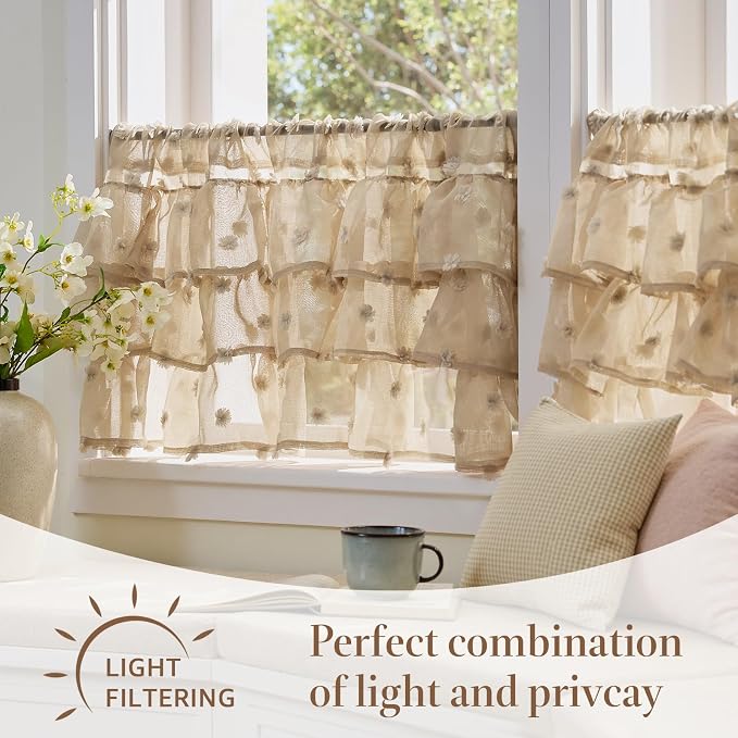 jinchan Ruffled Kitchen Valance Pom-Pom Voile Valance Curtains Sheer Shabby - Image 7