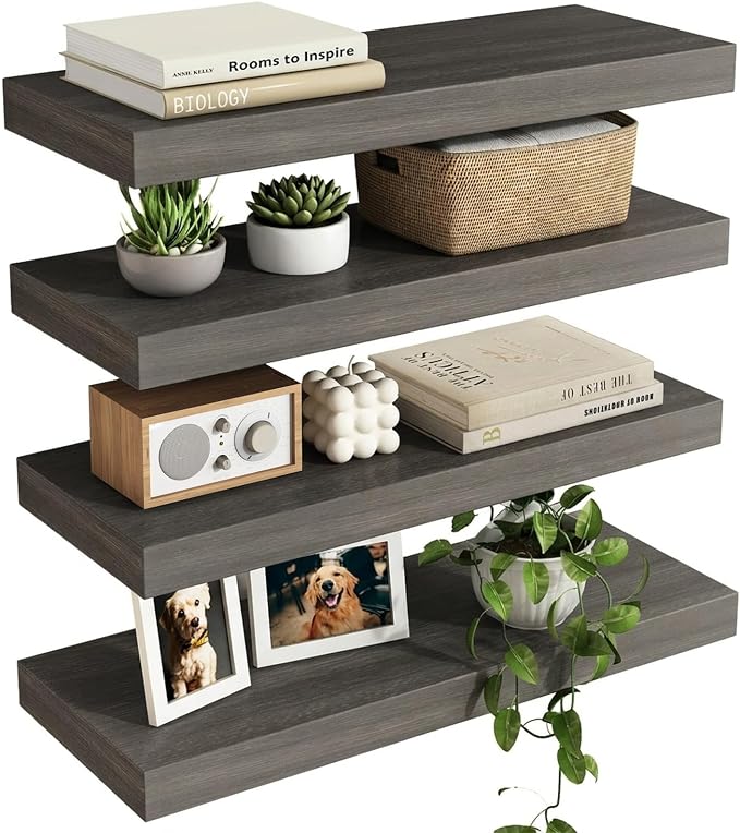 Fixwal 15.7in Floating Shelves, Rustic Wood Finish Wall Shelves Set of 4 by Fixwal