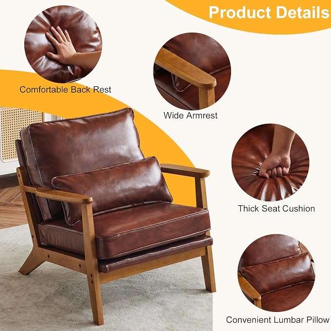 Karl home Accent Chair Wide Armrest Mid-Century Lounge Chair PU Leather Armchair - Image 3