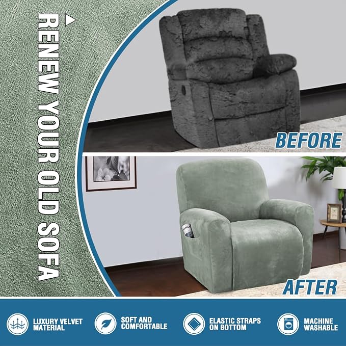 H.VERSAILTEX 4-Pieces Recliner Chair Covers Velvet Stretch Reclining Couch - Image 5