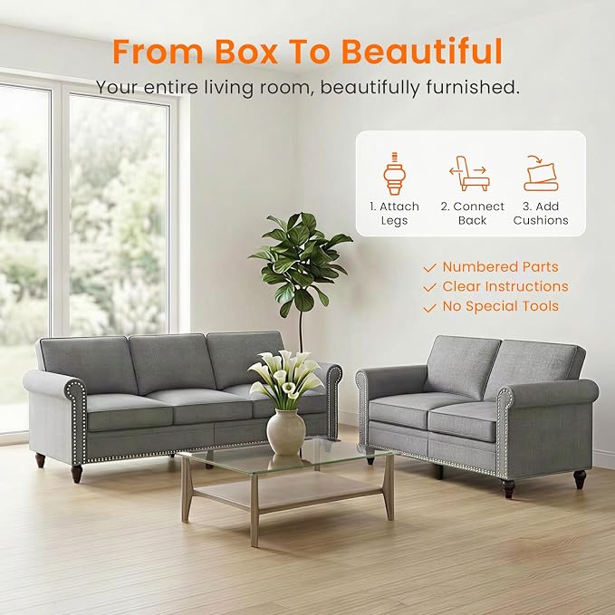 Living Room Sofa Sets 2 Piece, Modern 3 Seater Sofa and Loveseat Couch Sets - Image 6