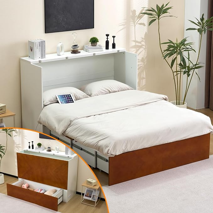 VINGLI Queen Murphy Bed with Storage Drawer, 2 Charging Station, Rustic & by VINGLI