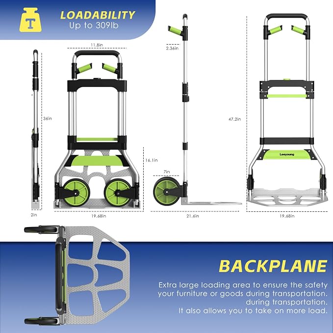Leeyoung Folding Hand Truck and Dolly, 309 lb Capacity Aluminum Portable Cart - Image 4