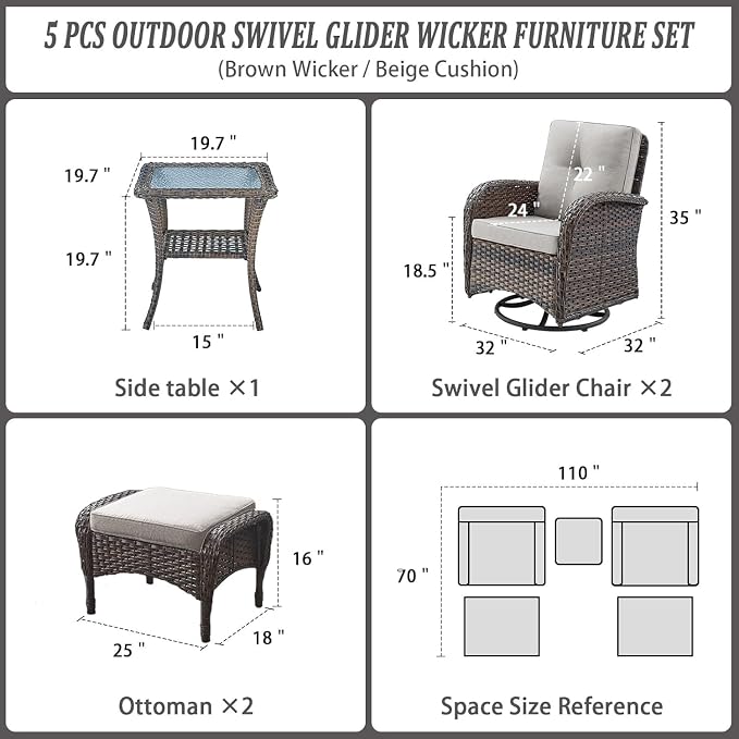Belord 5 Piece Swivel Rocker Glider Outdoor Chairs Set of 2 - Image 2