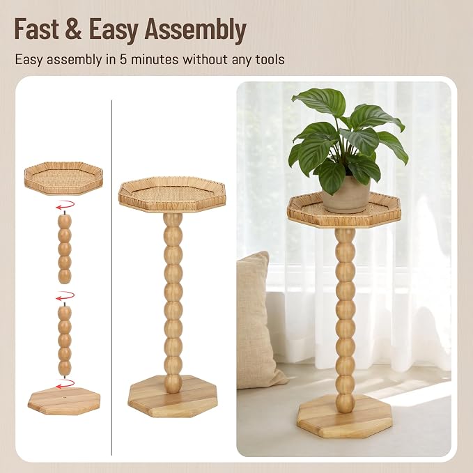 Natural Rattan End Table, Boho Solid Wood Octagon Side Table - Image 7