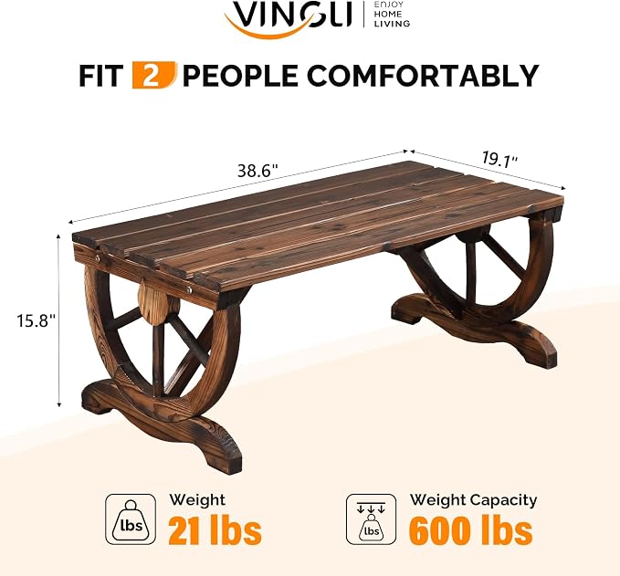 VINGLI Rustic Wooden Wheel Bench Outdoor Bench, Patio Bench Wagon Slatted Seat - Image 3