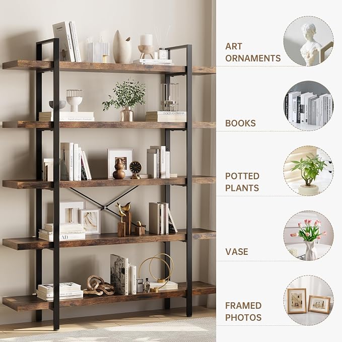 OtterOasis Bookshelf Set of 2, Heavy Duty 5-Tier Industrial Bookcase, 120lbs - Image 3