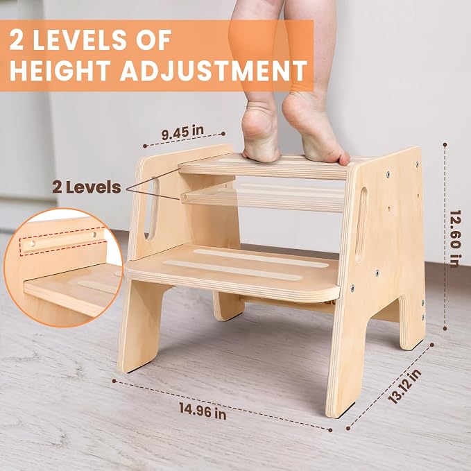 Toddler Step Stool, Wooden Height-Adjustable 2-Step Stool - Image 3
