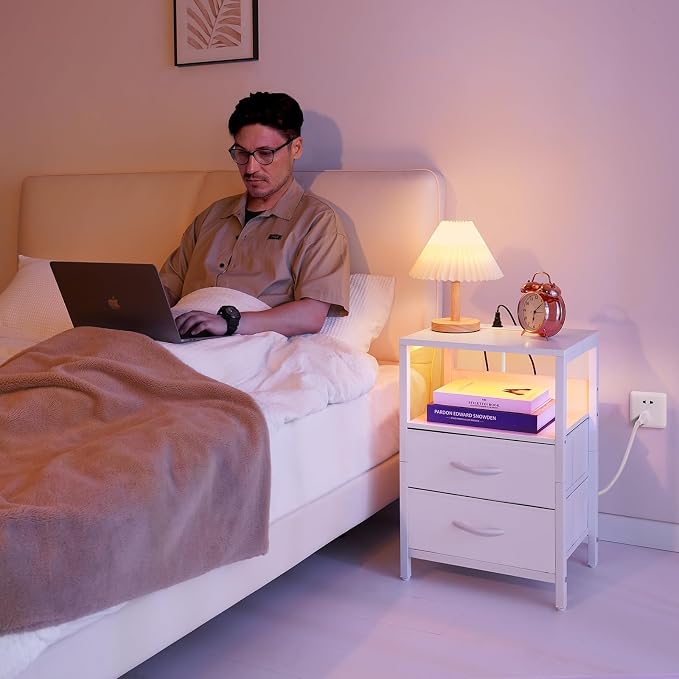 Yoobure Nightstand with Charging Station, LED Night Stand with Fabric Drawers - Image 2