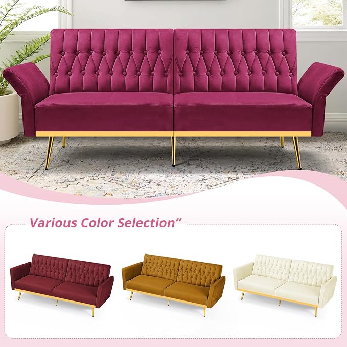 70” Velvet Futon Sofa Bed with 2 Pillows and Adjustable Armrests, Convertible - Image 7