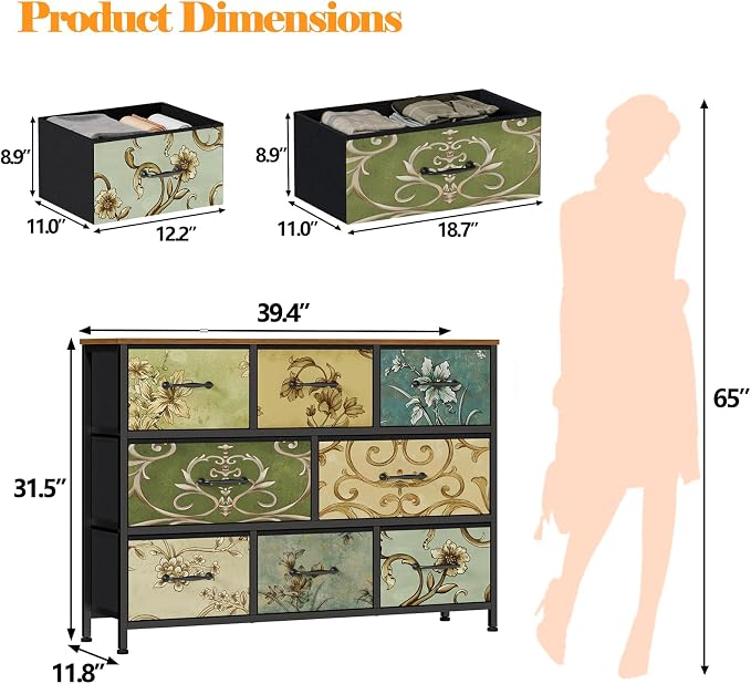 Furnulem 8 Drawer Dresser, Wide Fabric Chest of Drawers, Vintage Furniture - Image 3