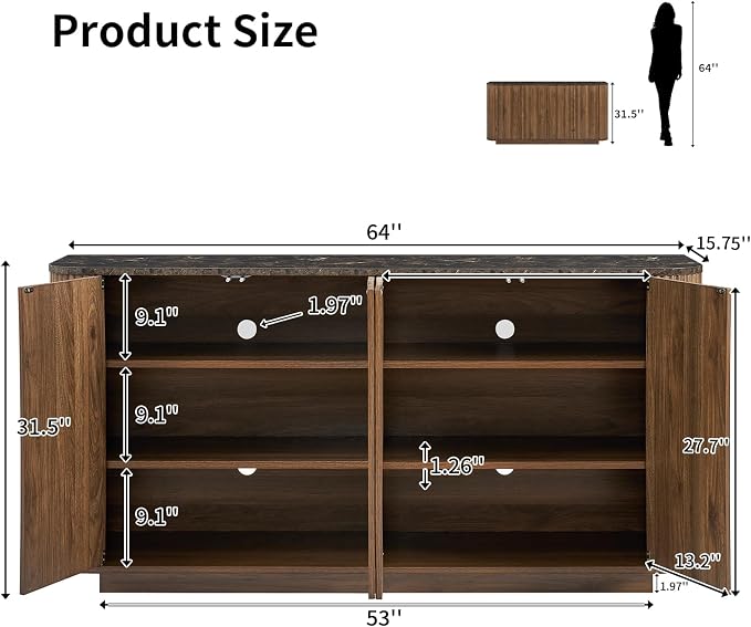 LKTART 64" Buffet Cabinet with Storage, Modern Fluted Accent Sideboard with - Image 2