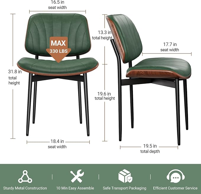 REONEY Dining Chairs Set of 2, Mid-Century Modern Upholstered PU Leather Chairs - Image 2
