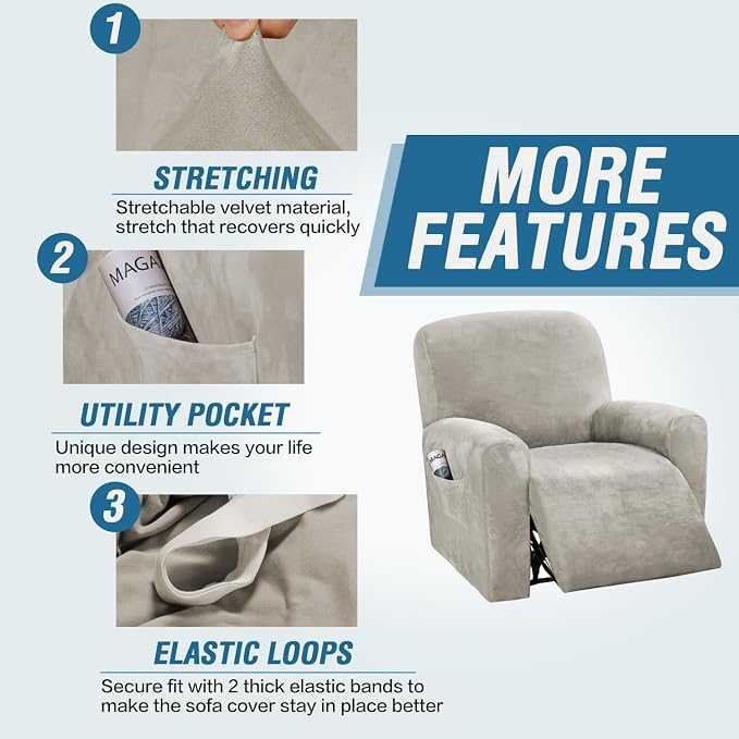 H.VERSAILTEX 4-Pieces Recliner Chair Covers Velvet Stretch Reclining Couch - Image 4
