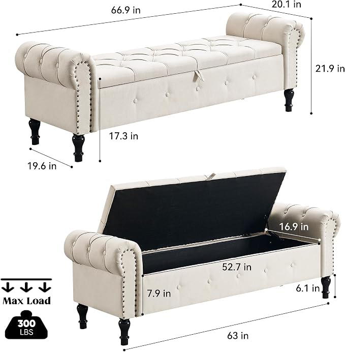 67" Storage Bench for Bedroom, Linen End of Bed - Image 2