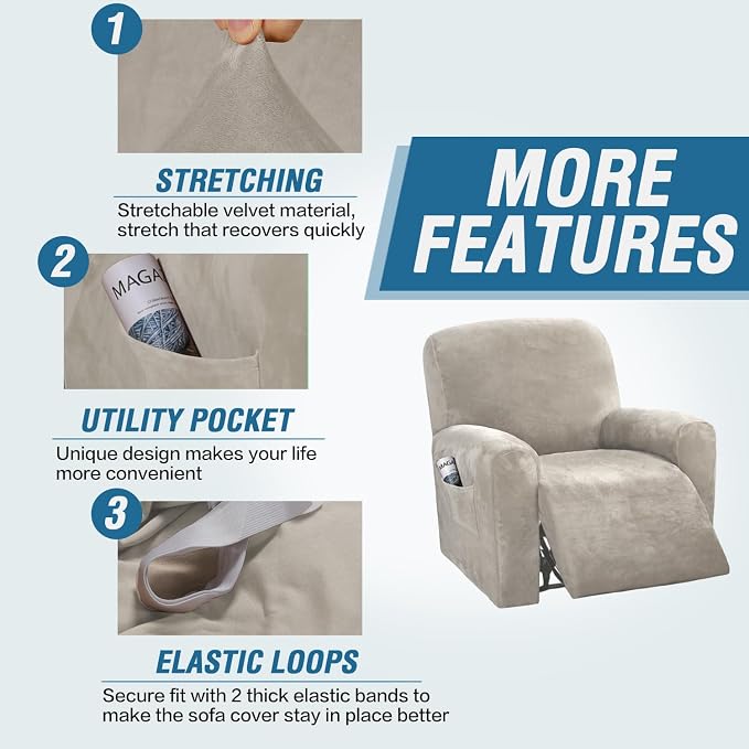 H.VERSAILTEX Velvet Stretch Recliner Couch Covers 4-Pieces Style Recliner Chair - Image 4