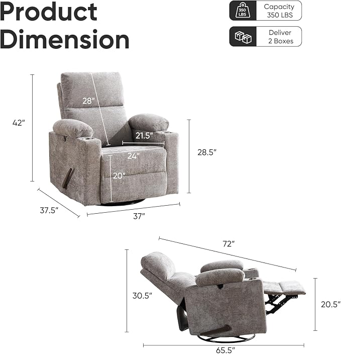 Swivel Rocker Recliner with Adjustable Armrests, Rocking Nursery Chair with - Image 2