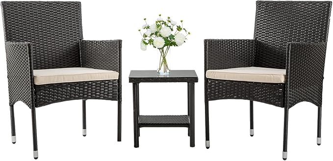 FDW | 3-Piece Patio Furniture Set | Black | Outdoor Wicker Furniture by FDW