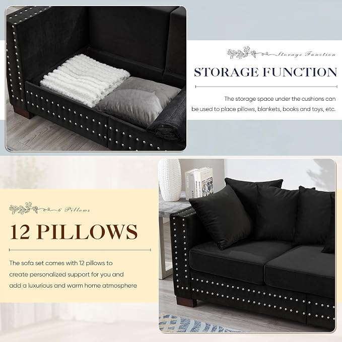 2 Piece Velvet Couch and Loveseat Sets, Mid Century Modern Couch - Image 5