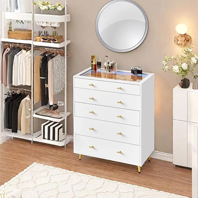 5 Drawer Dresser for Bedroom, 30.7" W x 38" H Tall Tempered Glass Top Dresser - Image 9