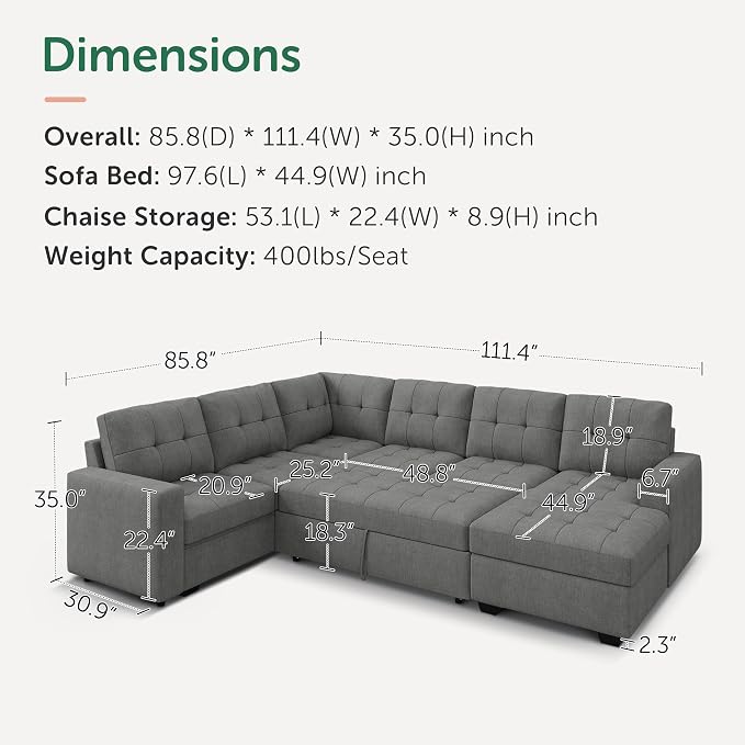 HONBAY Sleeper Sofa Bed with Storage Chaise, Sectional Couch with Pull Out Bed - Image 2