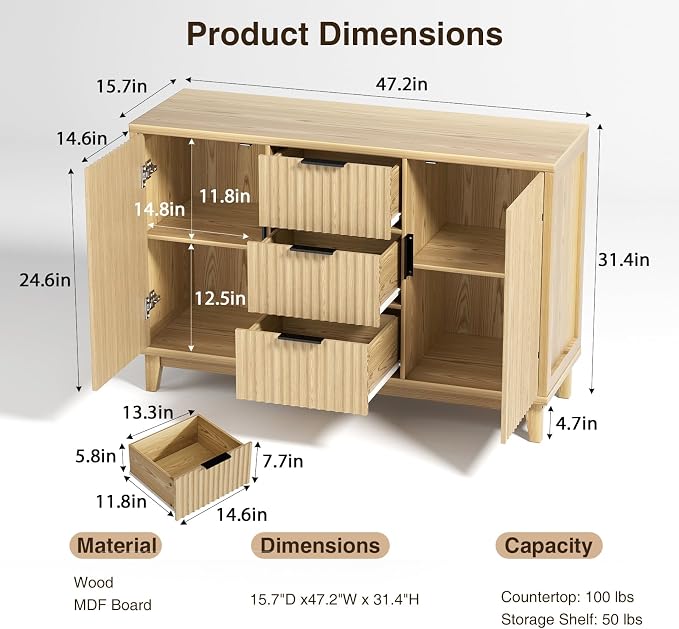 47.2" W Storage Cabinet with 3 Drawers, Fluted Buffet Cabinet with Storage - Image 2