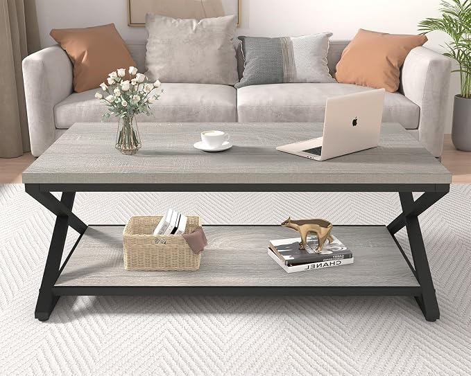 HSH Coffee Table with Storage, Farmhouse Grey Living Room Center Table - Image 4