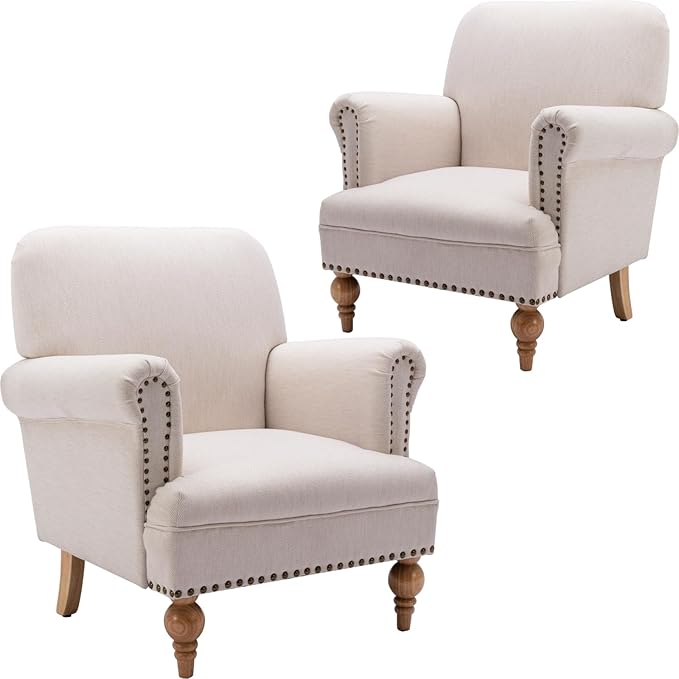 Beige Linen Fabric Accent Chairs Set of 2, Modern Farmhouse Upholstered by DMFurniture
