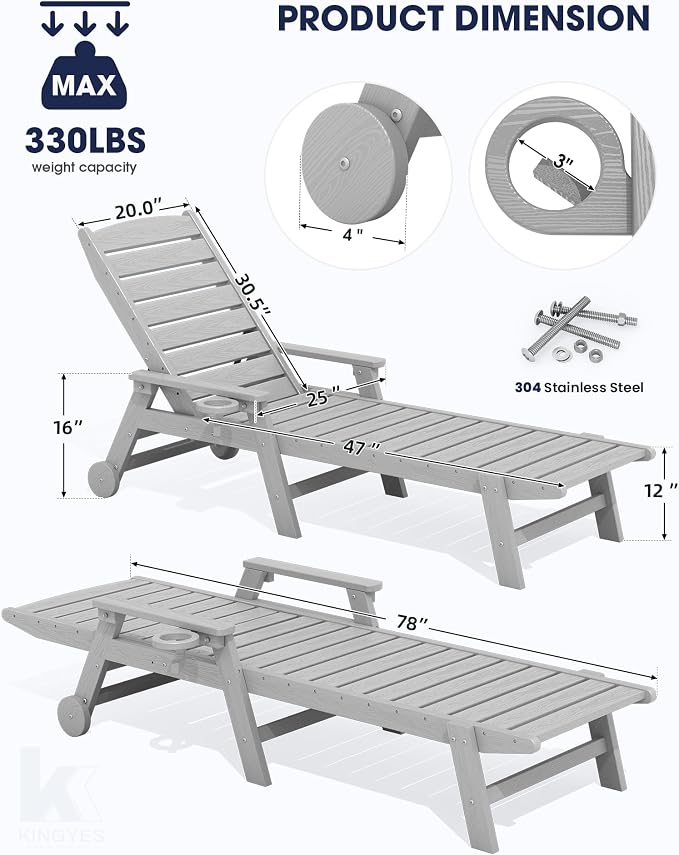 KINGYES HDPE Lounge Chair Outdoor, Patio Chaise Lounge Recliner - Image 2