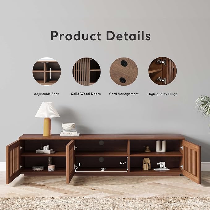POVISON Full Assembled Mid Century Modern TV Stand, Wood Slatted Media Console - Image 4