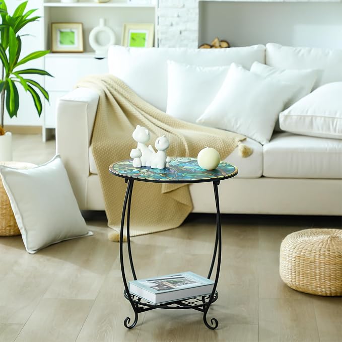 Cinnvoice Outdoor Side Table Round Small Mosaic Patio Accent Indoor End Plant - Image 6