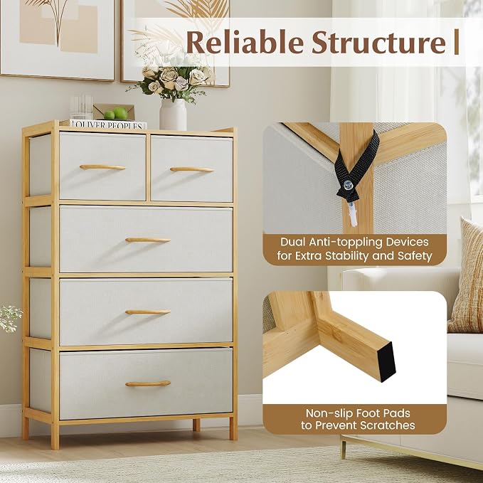 Giantex 5-Drawer Dresser for Bedroom, Bamboo Storage Tower - Image 6