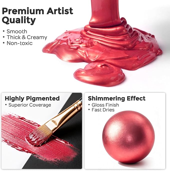 Nicpro Metallic Red Acrylic Paint, 8.45oz/250ml Large Metallic Paint, Non Toxic - Image 2