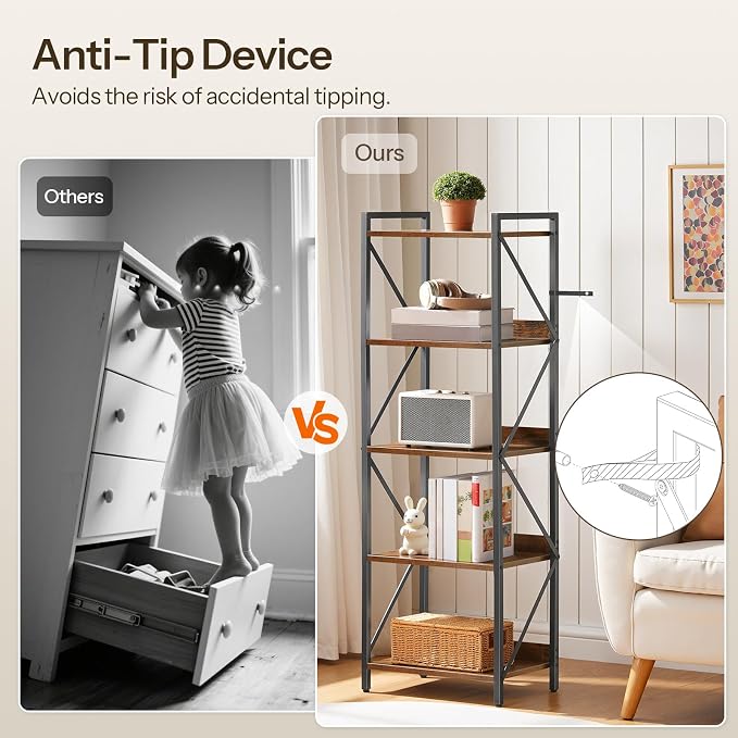 HOOBRO Bookshelf, 5-Tier Industrial Bookcase, Book Shelf Storage Organizer - Image 6