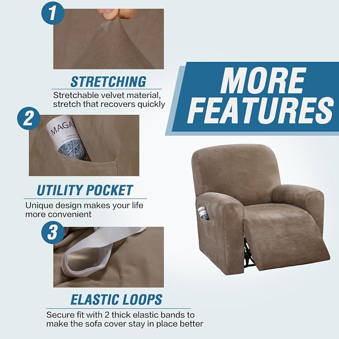 H.VERSAILTEX Velvet Stretch Recliner Couch Covers 4-Pieces Style Recliner Chair - Image 4