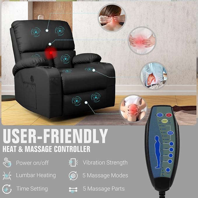 LEVELEVE Rocking Recliner Chair, Massage Rocker Recliner Chair - Image 6
